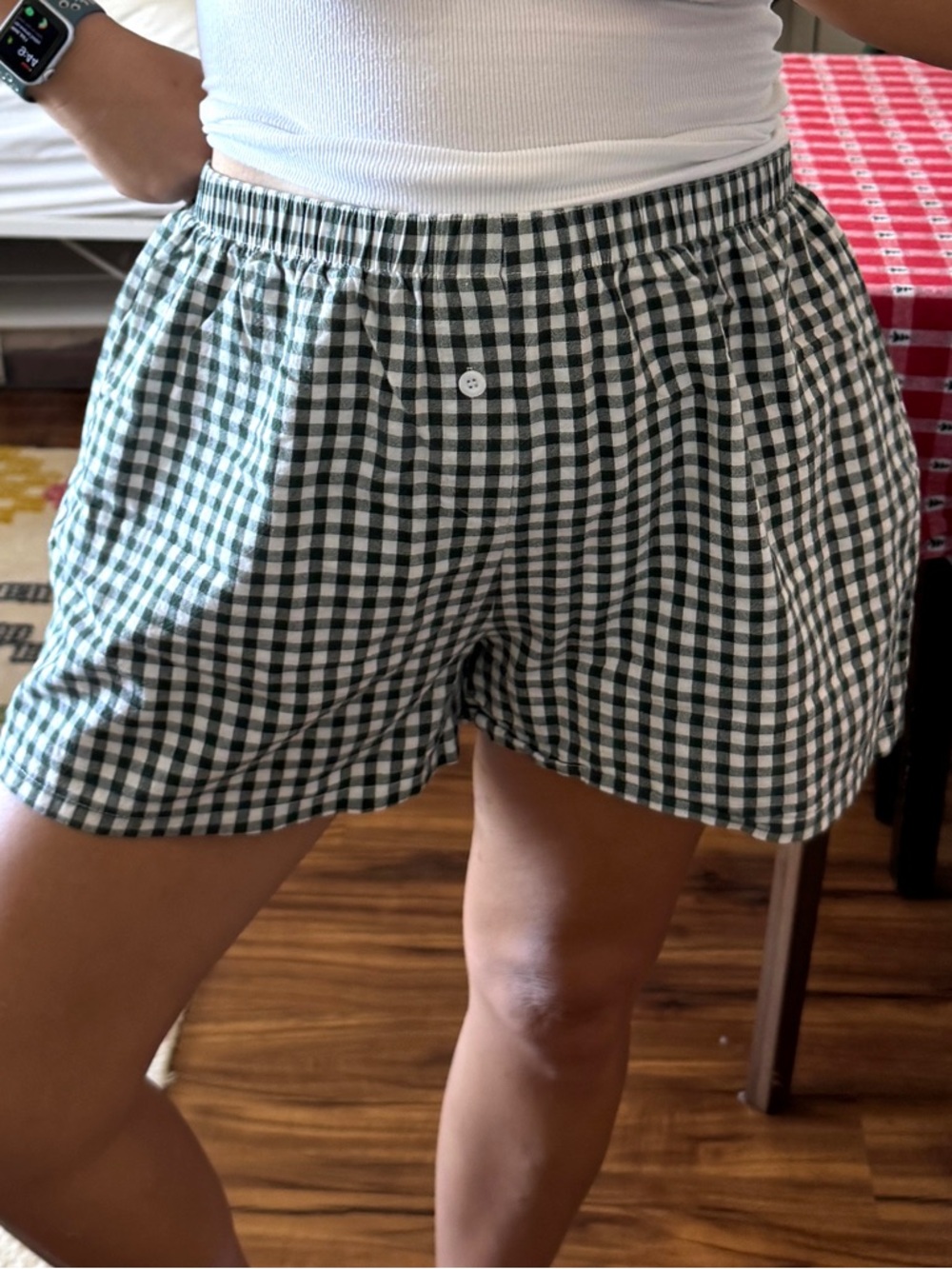 Women's Dark Green & White Gingham Elastic Waist Shorts Size XL Cottagecore